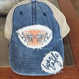 War eagle Distressed Blue Mesh-Back Trucker Hat with Tribal Detail